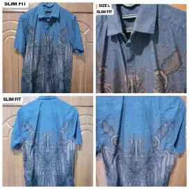 Batik Kemeja Pendek Pria Size L Slim Fit Premium Batik Elegan Biru