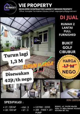 DIJUAL RUMAH 2 LANTAI DI BUKIT GOLF CIBUBUR HARGA TURUN TERJUN PAYUNG