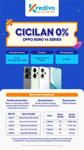 Kredit Oppo Reno 14 series tanpa kartu kredit dan DP dengan kredivo
