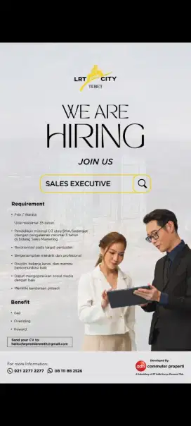 Lowongan sales executive untuk apartemen lrt city tebet