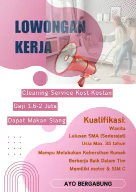 Dibutuhkan Staff Admin dan Kebersihan Kost