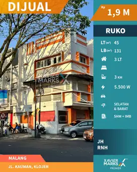 Dijual Ruko Hook Ex Resto 3 Lantai di Jalan Poros Kauman Klojen Malang