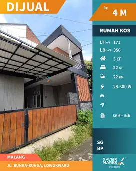 Dijual Rumah Kost Baru di Jalan Bunga-Bunga, Lowokwaru Malang