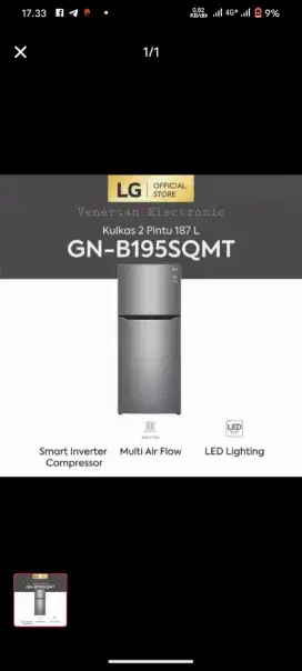 Kulkas LG 2 pintu GNB195SQMT smart inverter