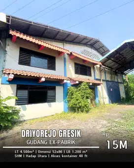 Dijual gudang ex pabrik raya Driyorejo Gresik bebas banjir