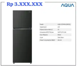 Kulkas AQUA 225 liter Twin inverter AQR-DTM285RAV