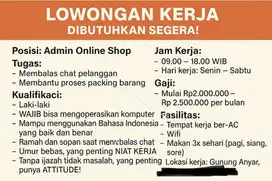 Loker admin ol shop, khusus laki laki. Bisa menggunakan computer