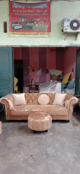 Erafurniture*sofa ASTON motif kancing bata kain baldu 3 PERSON+PUFF