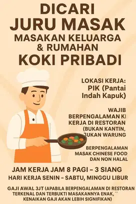 loker juru masak koki pribadi untuk rumahan PIK jakut bukan restoran