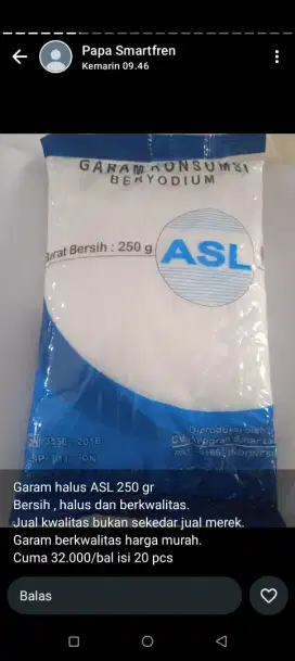 Di butuhkan Sales garam asl 250gr .plastik dll
