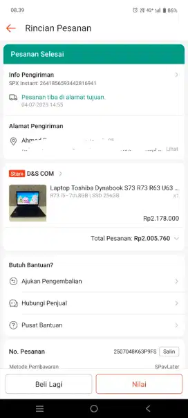 Laptop toshiba R73 i5 gen 7 , ram 8gb , SSD 256gb