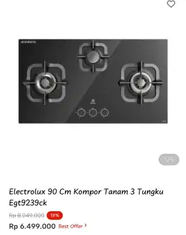 Elektrolux 90 Cm Kompor Tanam 3 Tungku