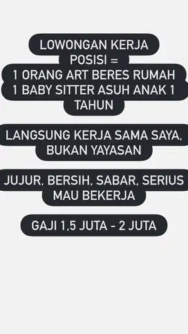 Loker ART & BABY SITTER LOWONGAN KERJA