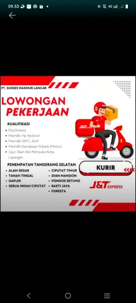 DIBUTUHKAN SPRINTER/KURIR JNT EXSPRESS
