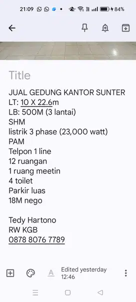 JUAL CEPAT GEDUNG KANTOR SUNTER 3 LANTAI, LOKASI STRATEGIS PARKIR LUAS