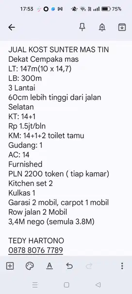 JUAL CEPAT KOST SUNTER FULL FURNISHED 3 LANTAI 14 KAMAR JALAN LEBAR