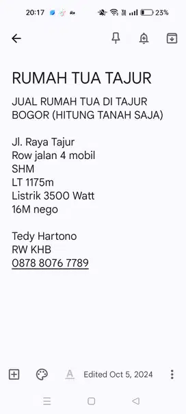 JUAL CEPAT RUMAH TUA HITUNG TANAH LOKASI  SANGAT STRATEGIS RAYA TAJUR