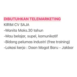 DIBUTUHKAN SEGERA SALES MARKETING / TELEMARKETING / SALESMAN
