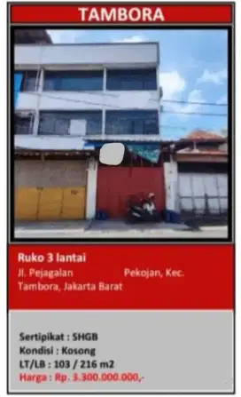 Dijual Ruko 3 Lantai Pejagalan Tambora