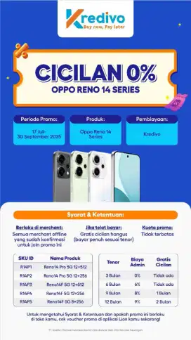 Cicilan Oppo Reno 14 series tanpa kartu kredit dan DP dengan kredivo
