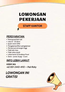 Dicari staff dan cleaning untuk kantor