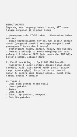 Lowongan 1 orang ART wanita menginap