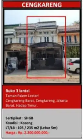 Dijual Ruko 3 Lantai Taman Palem Lestari Hadap Timur