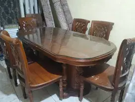 meja makan jati Jepara asli salina 6 kursi, kaca tebal 8ml