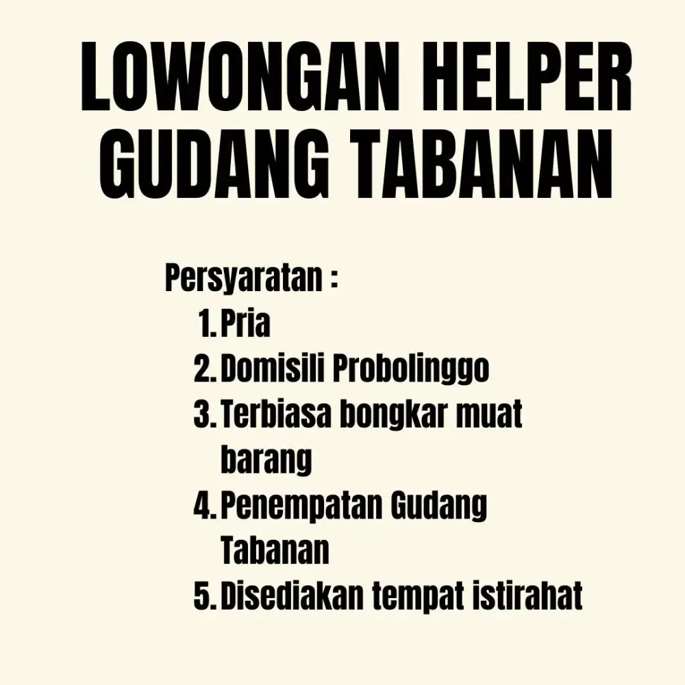 Lowongan Helper Gudang Tabanan