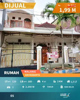 Dijual Rumah Griyashanta Dekat SMA 9 Kota Malang