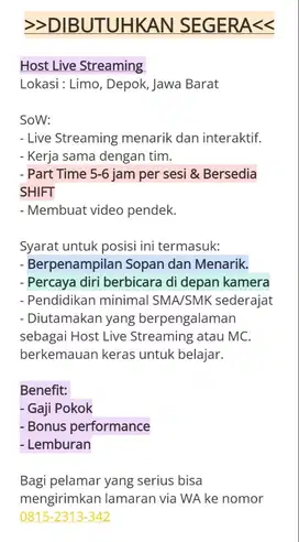 Lowongan Host Live Streaming