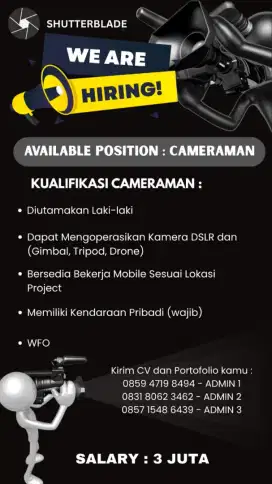 LOWONGAN KERJA CAMERAMAN (SHOOTER)