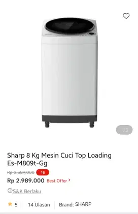SHARP MESIN CUCI TOP LOADING KAPASITAS 8KG