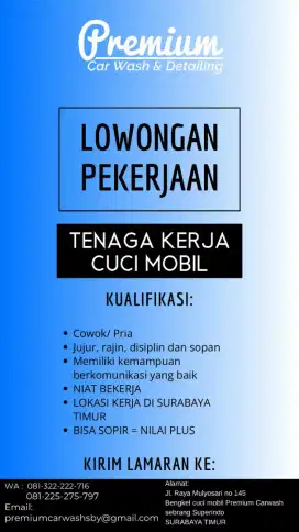 Lowongan kerja cuci mobil carwash bisa sopir