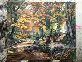 Dijual lukisan kanvas pemandangan hutan 120x100 cm