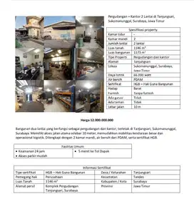 Dijual gudang dan kantor di tanjungsari, Sukomanunggal - Surabaya
