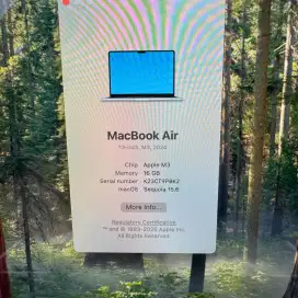 Macbook Air M3 layar 13 Inch Ram 16 Ssd 256 lengkap full set grey