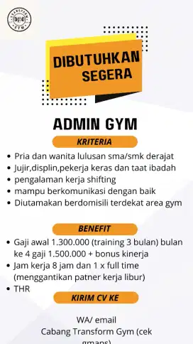 Lowongan staf admin gym