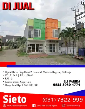 Dijual Ruko Siap Huni 2 Lantai di Mutiara Regency Sidoarjo