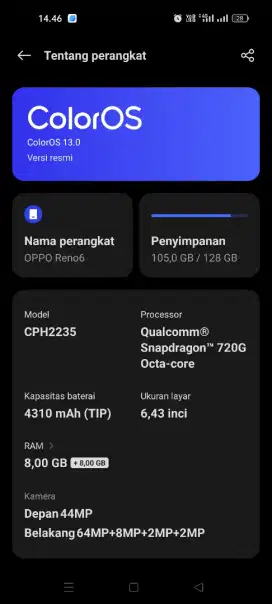 Reno 6 NFC ram 8+8/128 ori!.