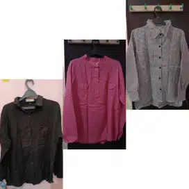 Kemeja lengan panjang warna hitam, pink, flanel kotak hitam putih