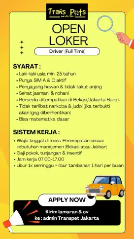 Lowongan Driver PetTransport (Full time) & Catsitter (Part time)