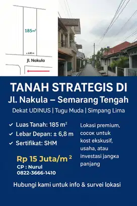 Tanah Strategis Jl. Nakula Semarang Tengah, Dekat UDINUS – 185 m², SHM