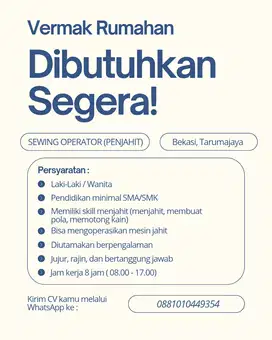 DIBUTUHKAN SEGERA SEWING OPERATOR (PENJAHIT)