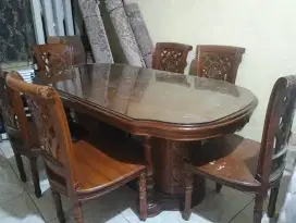 meja makan jati Jepara asli 6 kursi kaca tebal 8ml