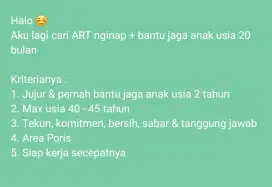 DICARI ART nginap + jaga anak usia 20 bulan