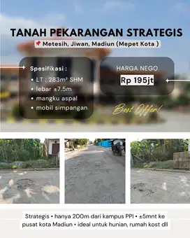 DIJUAL TANAH PEKARANGAN STRATEGIS, 200m dari Kampus PPI