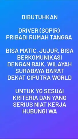 Dibutuhkan Sopir Pribadi untuk Rumah Tangga Wilayah Surabaya