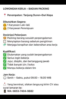 Lowker Karyawan Packing Barang Acc  (dicari yang pengalaman packing)