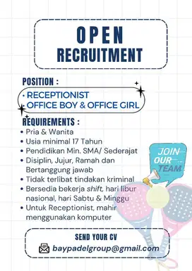 Open recruitmen untuk Reseptionis dan office boy